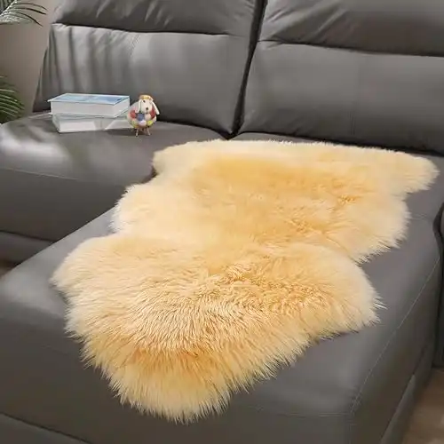 Soft Genuine Fluffy Sheepskin Rug, Plush Wool Shaggy Fur Area Throw Rug for Bedroom Living Room Decors Carpet Sofa Chair Cover Couch Bench Pet Dog Pray Cushion Mat